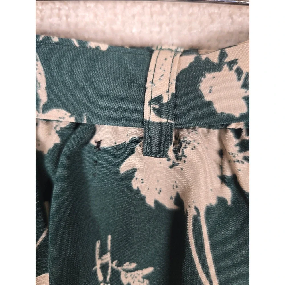 Allegra K XL‎ Green Floral Midi Skirt A-Line Self Tie Belt Side Slit Womens